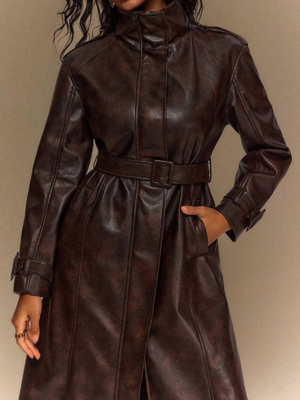 Brown Elegant Women's Loose Funnel Neck Zipper Faux Leather Trench Coat - Picture 5 of 7